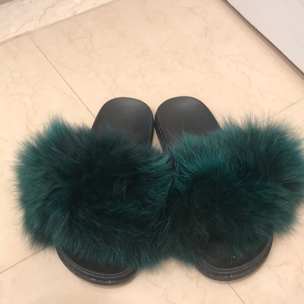 Green real fur slides barely worn